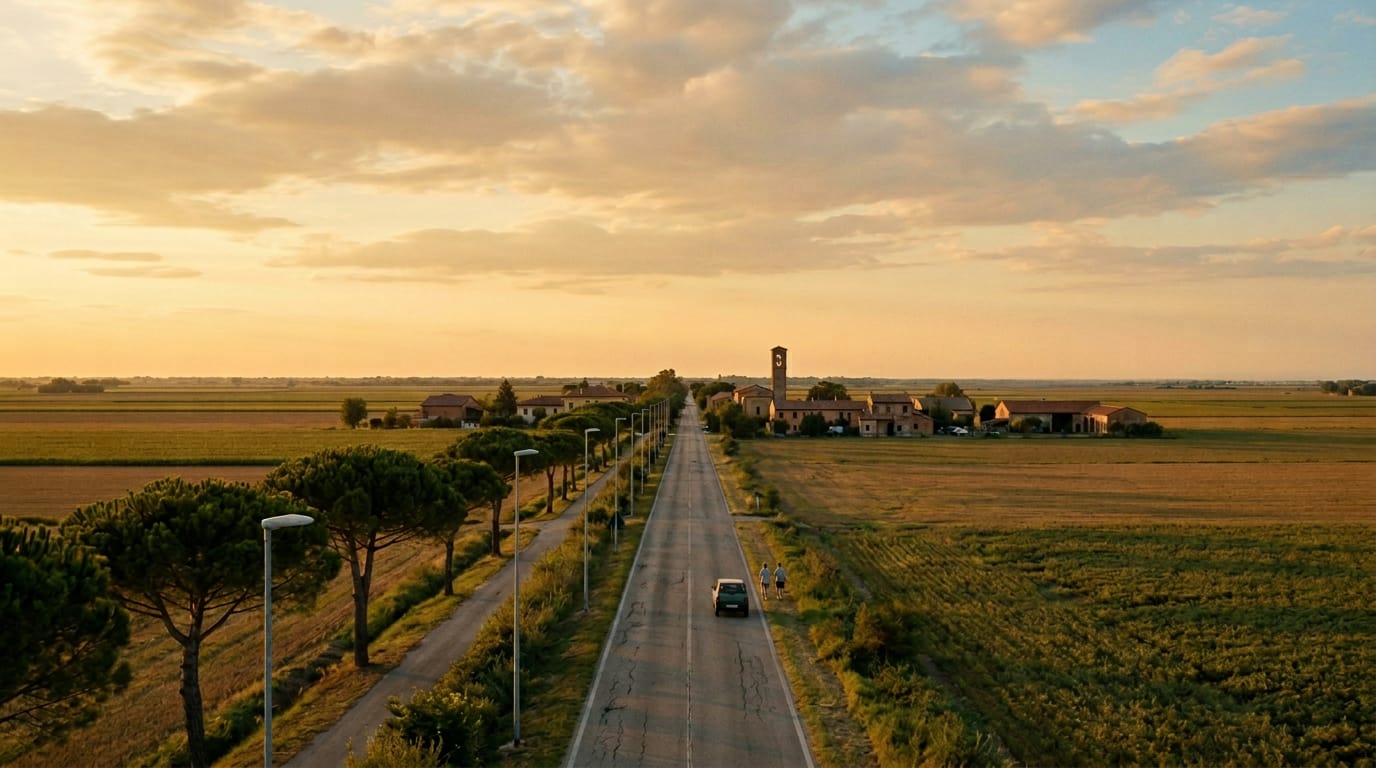 foto: campagna ravennate in pianura all'ora dorata, con un canale dritto verso l'orizzonte