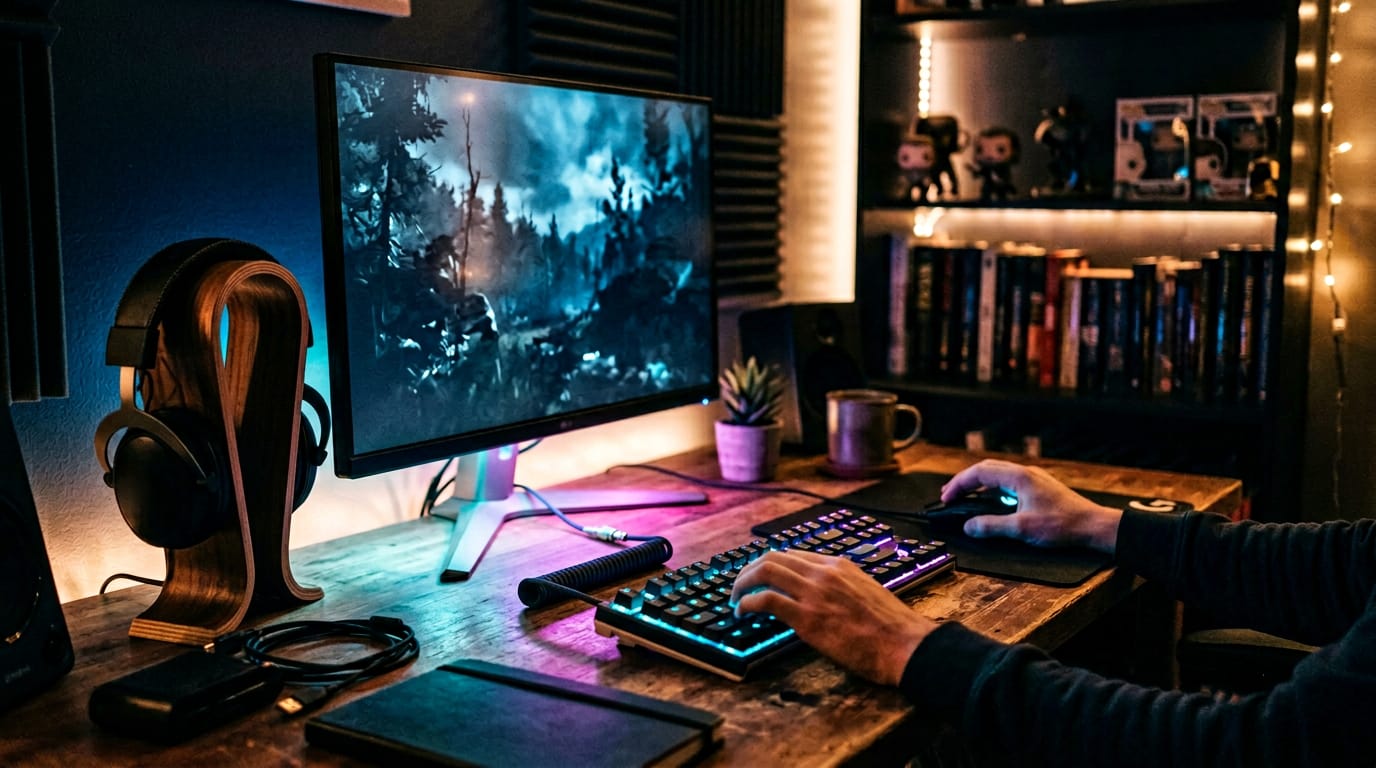 foto: postazione gaming con luci soffuse ciano e magenta