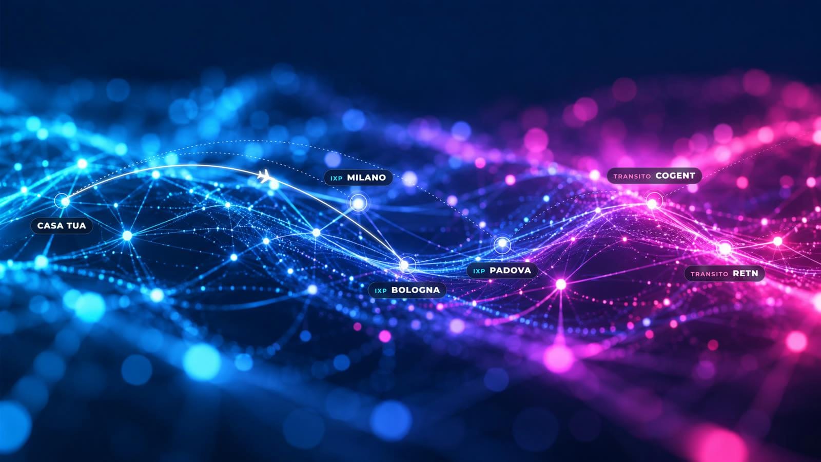 foto: mesh astratta di fibre ottiche luminose su fondo blu notte, nodi collegati da filamenti ciano e magenta