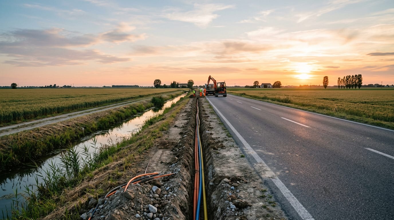 foto: scavo per la posa della fibra lungo una strada di campagna ravennate
