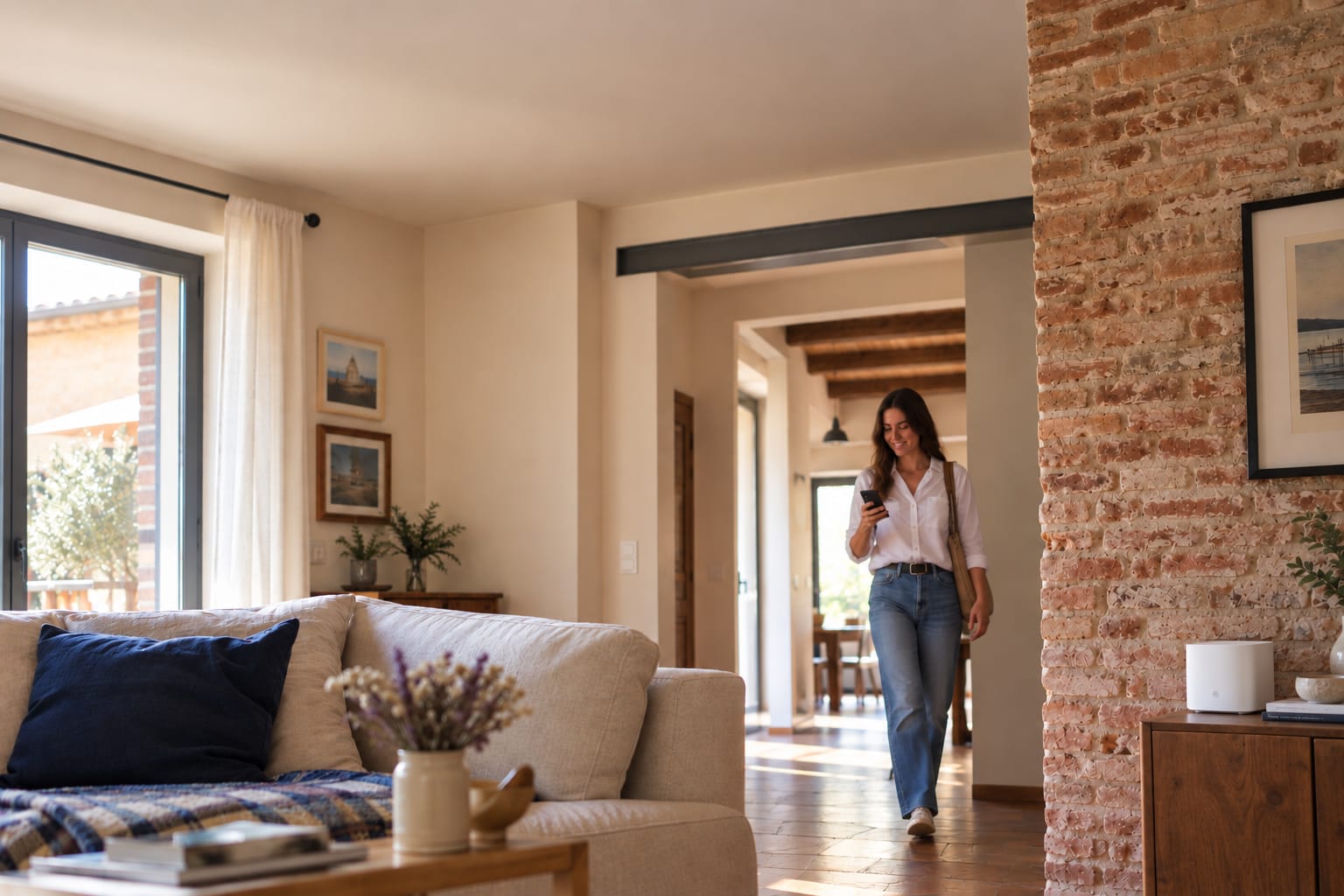 foto: interno luminoso di una casa romagnola, un access point discreto a soffitto sopra il corridoio