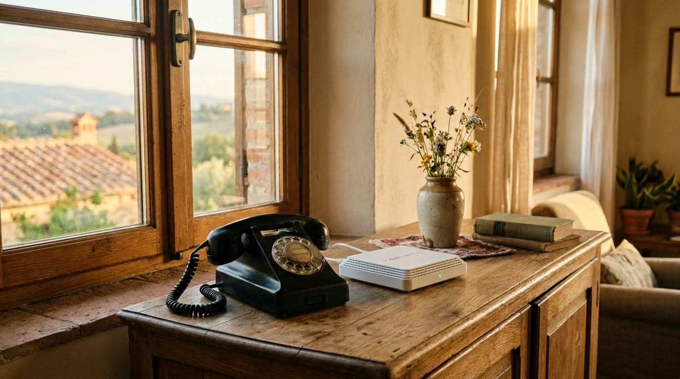 foto: telefono di casa classico accanto a un router su una mensola
